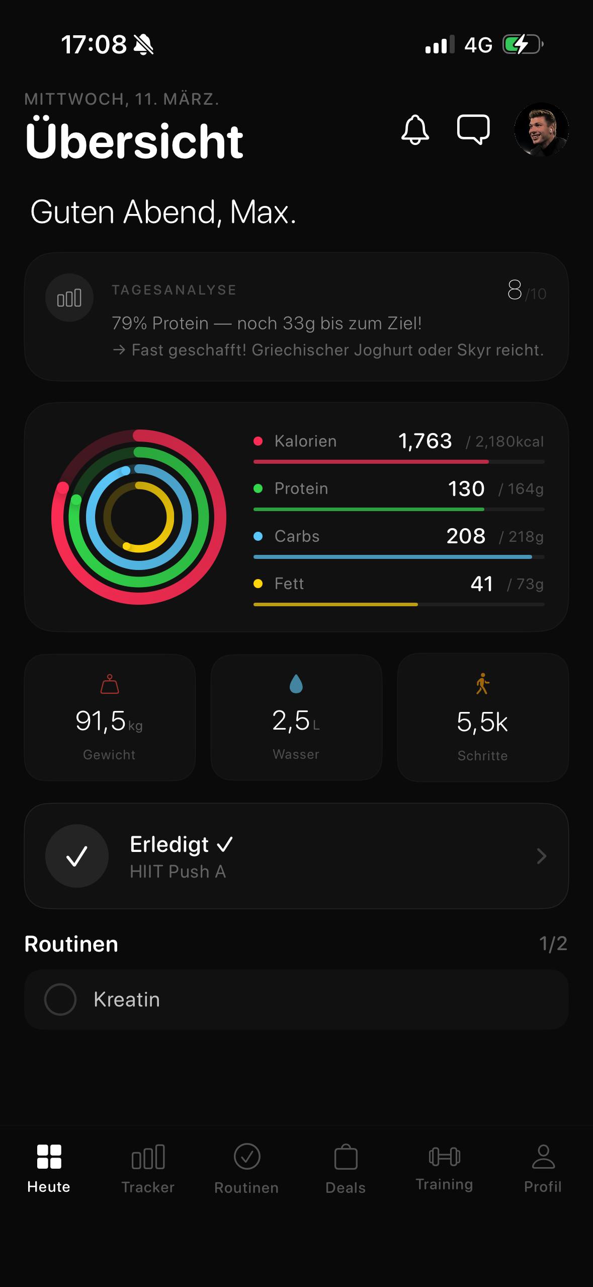 OneLean App — Trainings-Screen mit Pose-Check und Progression
